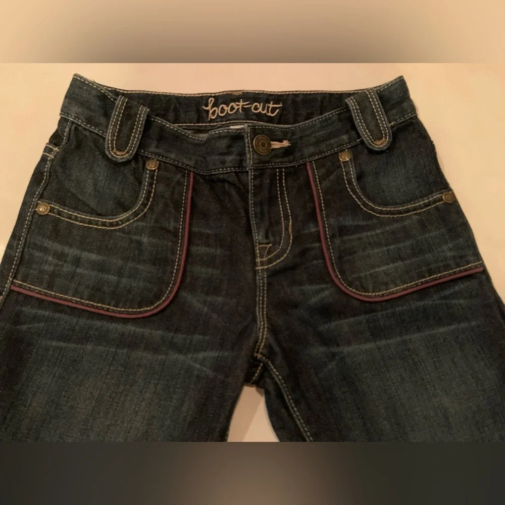 Old Navy Girls Size 8 Blue Denim Pink Details Boot Cut Jeans Adjustable Waist